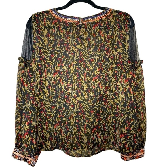Zara Sheer Embroidered Blouse Top Sz M Black Floral Balloon Sleeve Feminine Boho - Picture 2 of 13